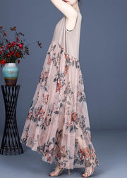 Vintage Pink Print Spitzenkleid O-Ausschnitt ärmellose Sommerkleider
