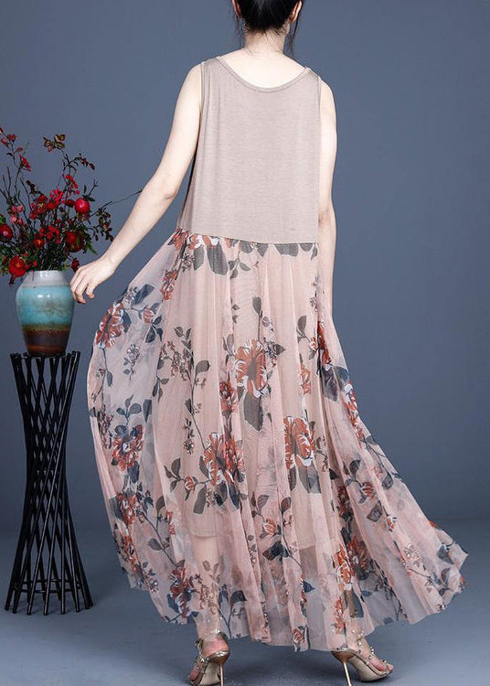 Vintage Pink Print Lace Dress O-Neck Sleeveless Summer Dresses