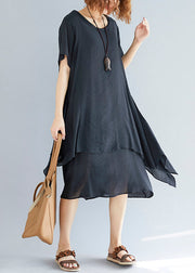 Vivid black flowers and birds linen-cotton tunics for women plus size Fabrics o neck asymmetric oversized Summer Dress