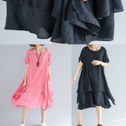 Vivid black flowers and birds linen-cotton tunics for women plus size Fabrics o neck asymmetric oversized Summer Dress