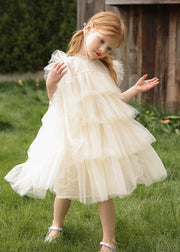 Vogue Apricot O-Neck Tulle Kids Maxi Cake Dresses Sleeveless