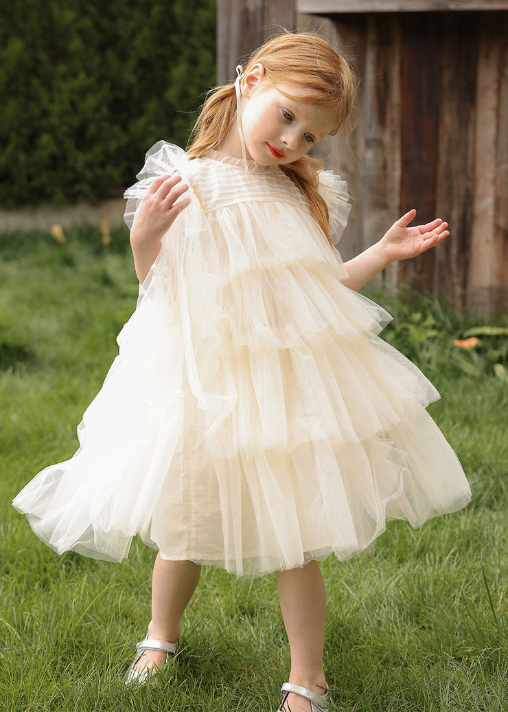 Vogue Apricot O-Neck Tulle Kids Maxi Cake Dresses Sleeveless