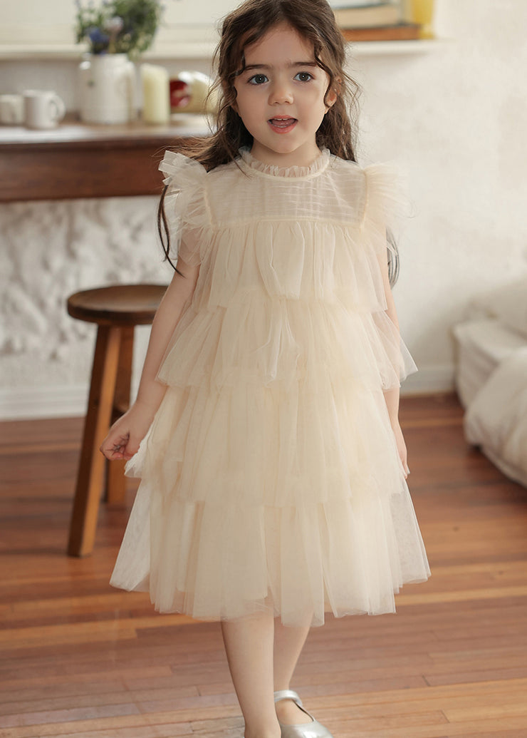 Vogue Apricot O-Neck Tulle Kids Maxi Cake Dresses Sleeveless