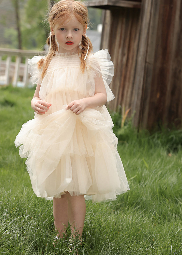 Vogue Apricot O-Neck Tulle Kids Maxi Cake Dresses Sleeveless