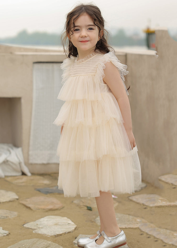 Vogue Apricot O-Neck Tulle Kids Maxi Cake Dresses Sleeveless