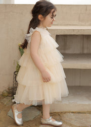 Vogue Apricot O-Neck Tulle Kids Maxi Cake Dresses Sleeveless