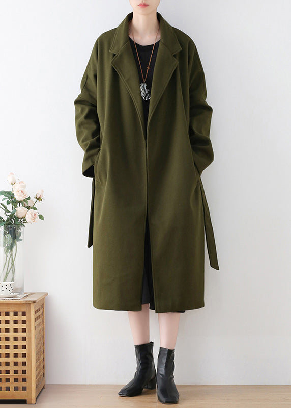 Vogue Army Green Notched Tie Waist Woolen Trench Coats Winter