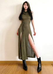 Vogue Army Green Turtleneck Side Open Hooded Long Dress Summer