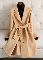 Vogue Beige Notched Tie Waist Woolen Long Coats Fall