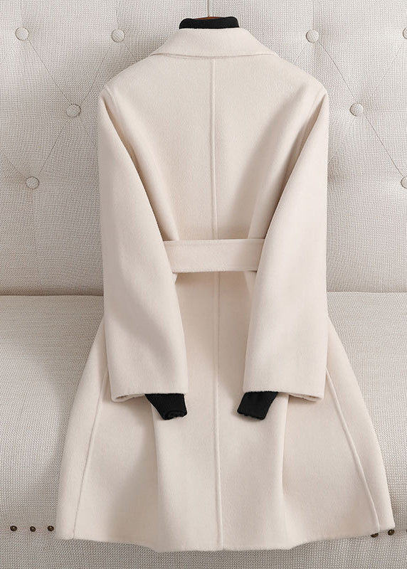 Vogue Beige Notched Tie Waist Woolen Long Coats Fall