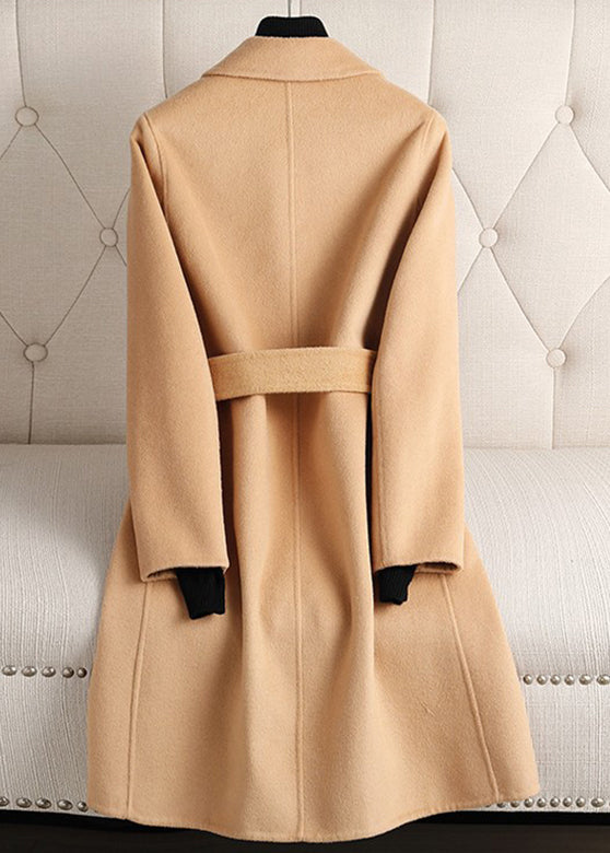 Vogue Beige Notched Tie Waist Woolen Long Coats Fall