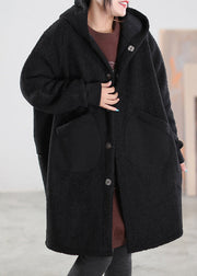 Vogue Black Button Pockets Hooded Woolen Coats Winter