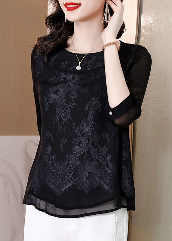 Vogue Black Embroideried Lace Patchwork Silk Tops Bracelet Sleeve