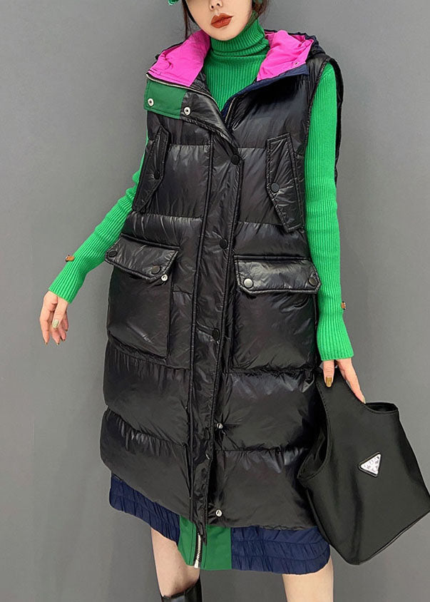 Vogue Black Hooded Patchwork Canada Goose Long Vest Winter