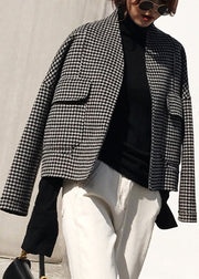 Vogue Black Notched Plaid Pockets Cashmere Coat Long Sleeve