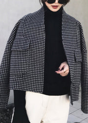 Vogue Black Notched Plaid Pockets Cashmere Coat Long Sleeve