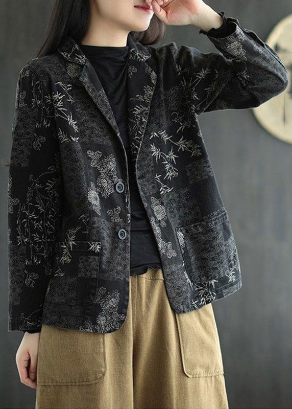 Vogue Black Notched Print Denim Coats Fall