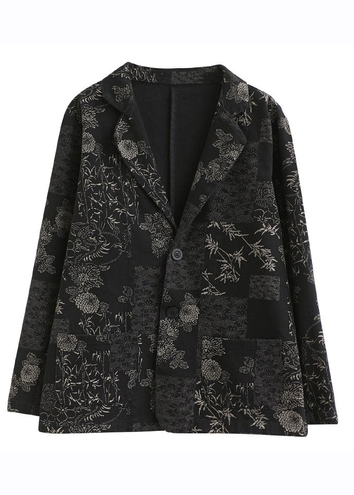 Vogue Black Notched Print Denim Coats Fall