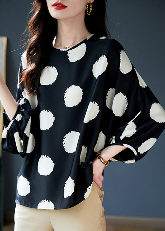 Vogue Black O-Neck Dot Print Top Fall