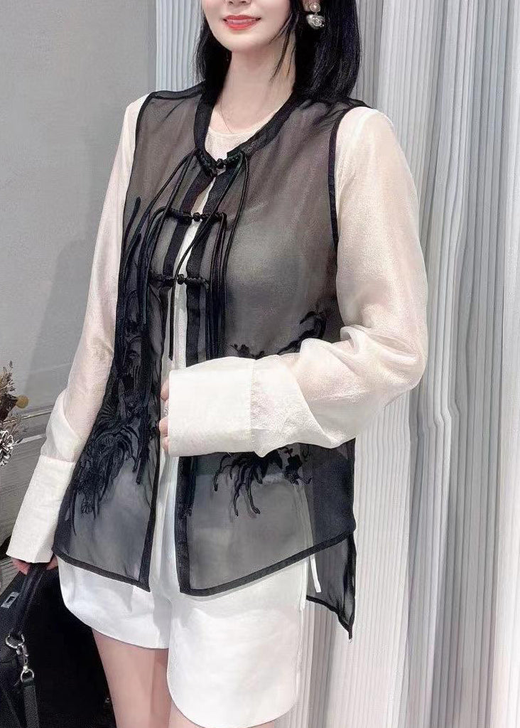 Vogue Black O-Neck Embroideried Button Silk Waistcoat Summer