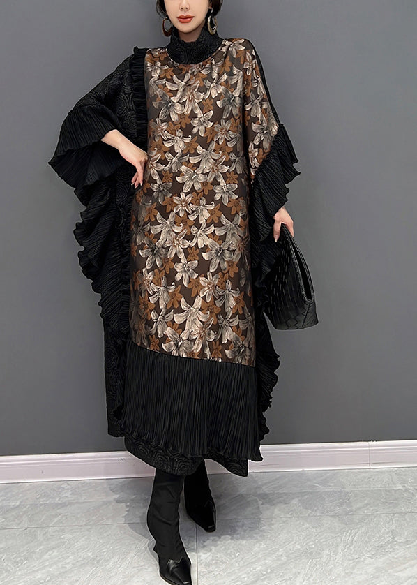 Vogue Black O-Neck Ruffles Print Long Dresses Batwing Sleeve