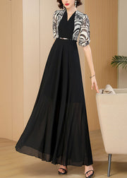 Vogue Black Print Patchwork High Waist Sashes Chiffon Maxi Dress Summer