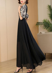 Vogue Black Print Patchwork High Waist Sashes Chiffon Maxi Dress Summer