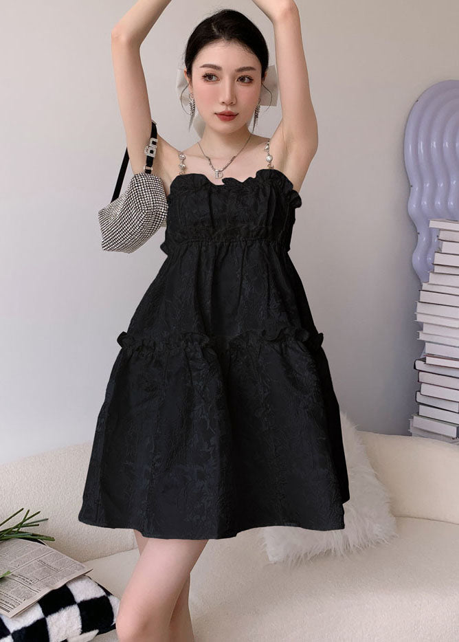 Vogue Black Ruffled Jacquard Cotton Spaghetti Strap Dress Summer