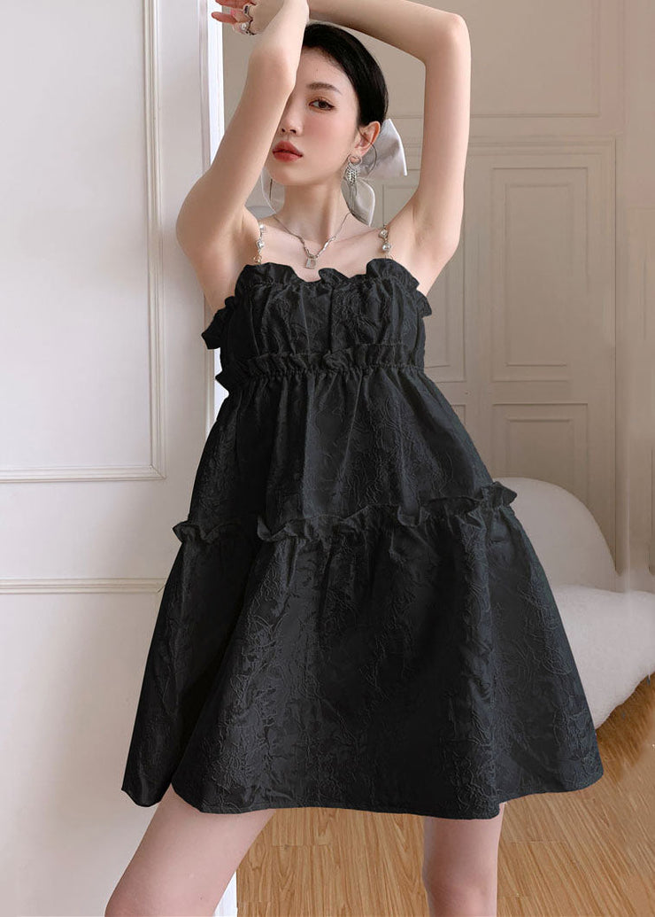 Vogue Black Ruffled Jacquard Cotton Spaghetti Strap Dress Summer