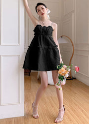 Vogue Black Ruffled Jacquard Cotton Spaghetti Strap Dress Summer