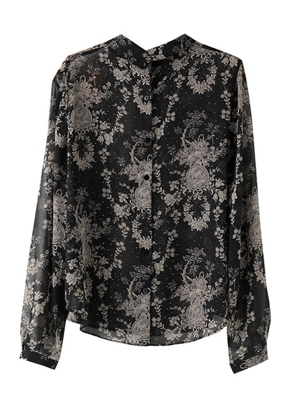 Vogue Black Square Collar Print Button Chiffon Shirts Long Sleeve