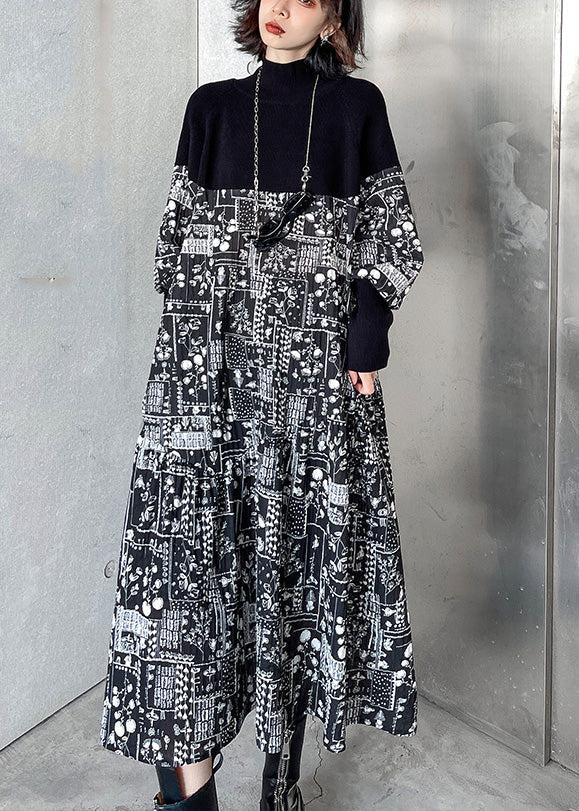 Vogue Black Stand Collar Knit Patchwork Print Maxi Dresses Winter