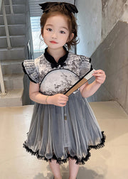 Vogue Black Stand Collar Ruffled Patchwork Tulle Kids Long Dresses Sleeveless