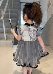 Vogue Black Stand Collar Ruffled Patchwork Tulle Kids Long Dresses Sleeveless