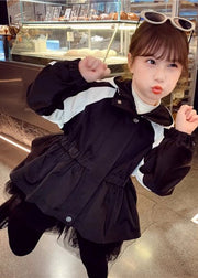 Vogue Black Tulle Wrinkled Patchwork Girls Hoodie Coat Fall