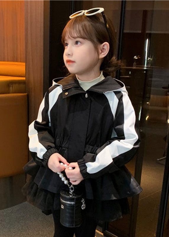 Vogue Black Tulle Wrinkled Patchwork Girls Hoodie Coat Fall