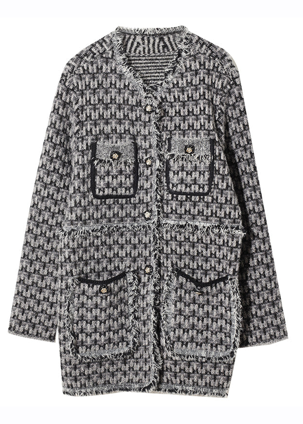 Vogue Black V Neck Pockets Button Plaid Knit Coat Fall