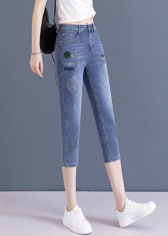 Vogue Blue Embroideried Button Crop Jeans