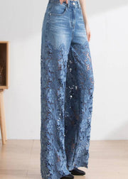 Vogue Blue Lace Patchwork Hollow Out High Waist Debun Straight Pants Spring