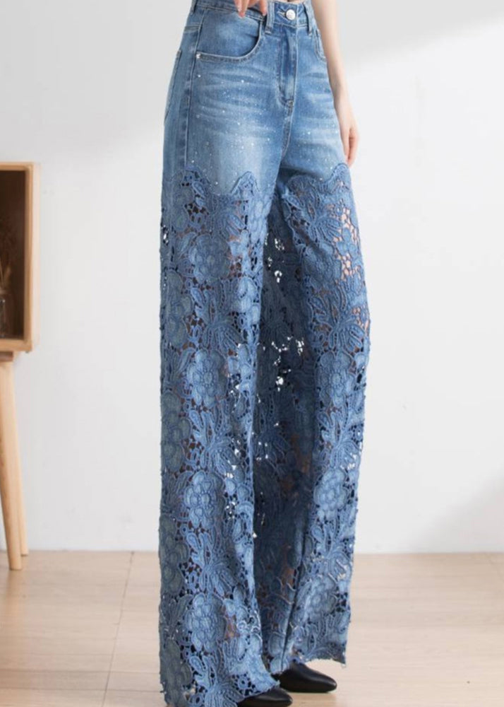 Vogue Blue Lace Patchwork Hollow Out High Waist Debun Straight Pants Spring