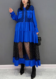 Vogue Blue O-Neck Dot Patchwork Wrinkled Tulle Maxi Dresses Fall