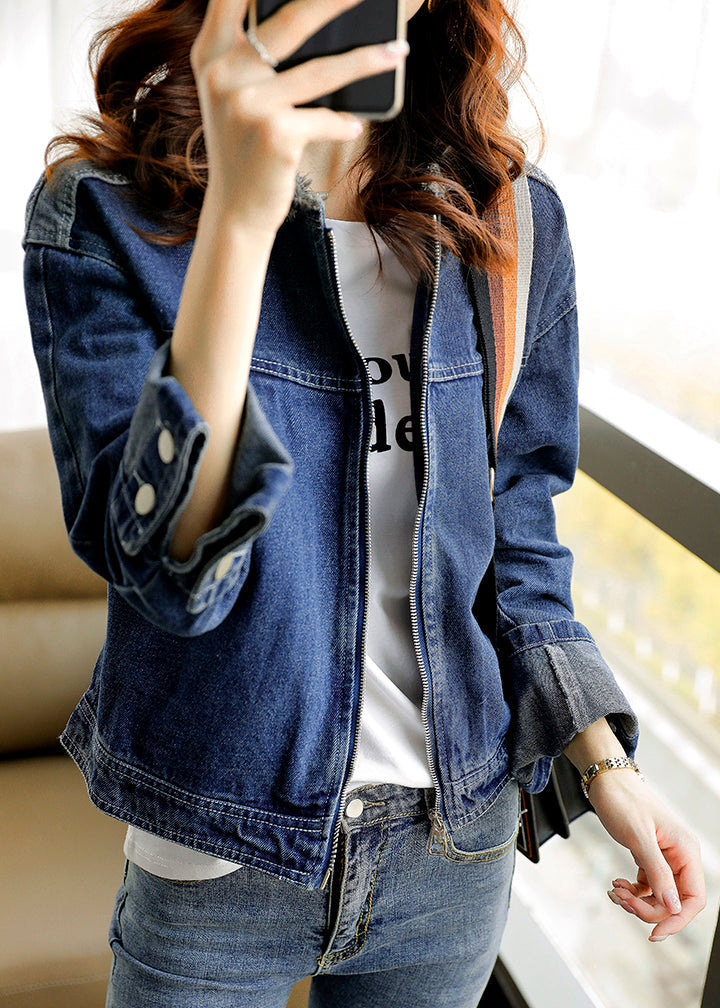 Vogue Blue O-Neck Patchwork Zippered Cotton Hooded Denim Coat Long Sleeve