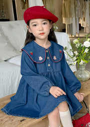 Vogue Blue Peter Pan Collar Embroideried Kids Denim Mid Dresses Lantern Sleeve