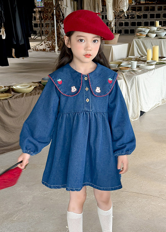 Vogue Blue Peter Pan Collar Embroideried Kids Denim Mid Dresses Lantern Sleeve