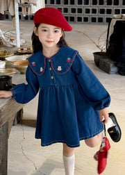 Vogue Blue Peter Pan Collar Embroideried Kids Denim Mid Dresses Lantern Sleeve