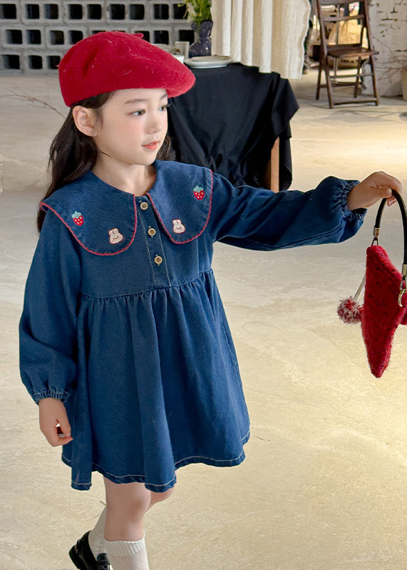 Vogue Blue Peter Pan Collar Embroideried Kids Denim Mid Dresses Lantern Sleeve