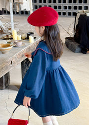 Vogue Blue Peter Pan Collar Embroideried Kids Denim Mid Dresses Lantern Sleeve