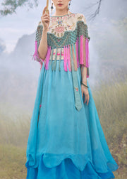 Vogue Blue Slash Neck Embroideried Floral Gradient Color Button Silk Maxi Dress Sleeveless