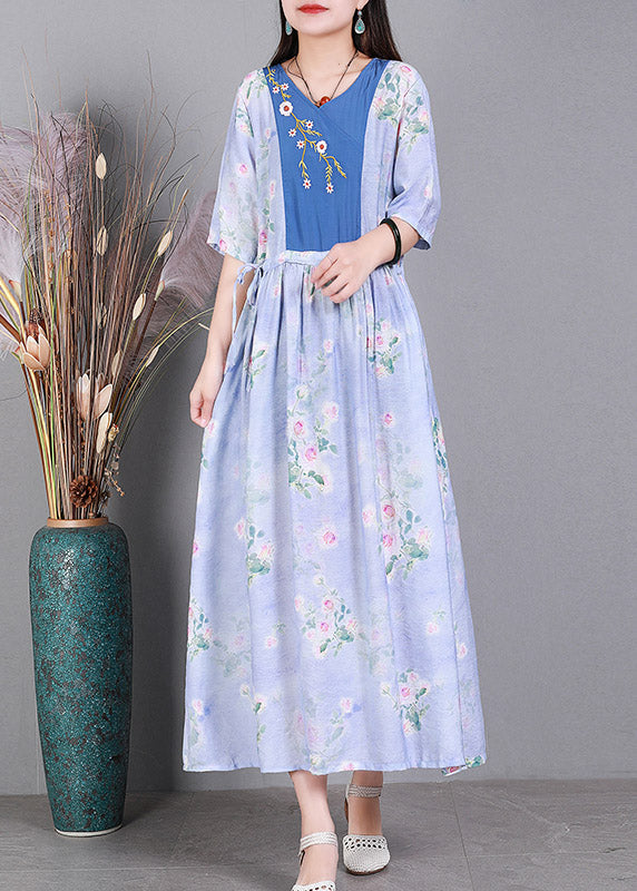 Vogue Blue V Neck Embroideried Print Patchwork Silk Holiday Dress Short Sleeve