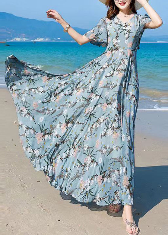 Vogue Blue V Neck Print Chiffon Maxi Beach Dresses Summer